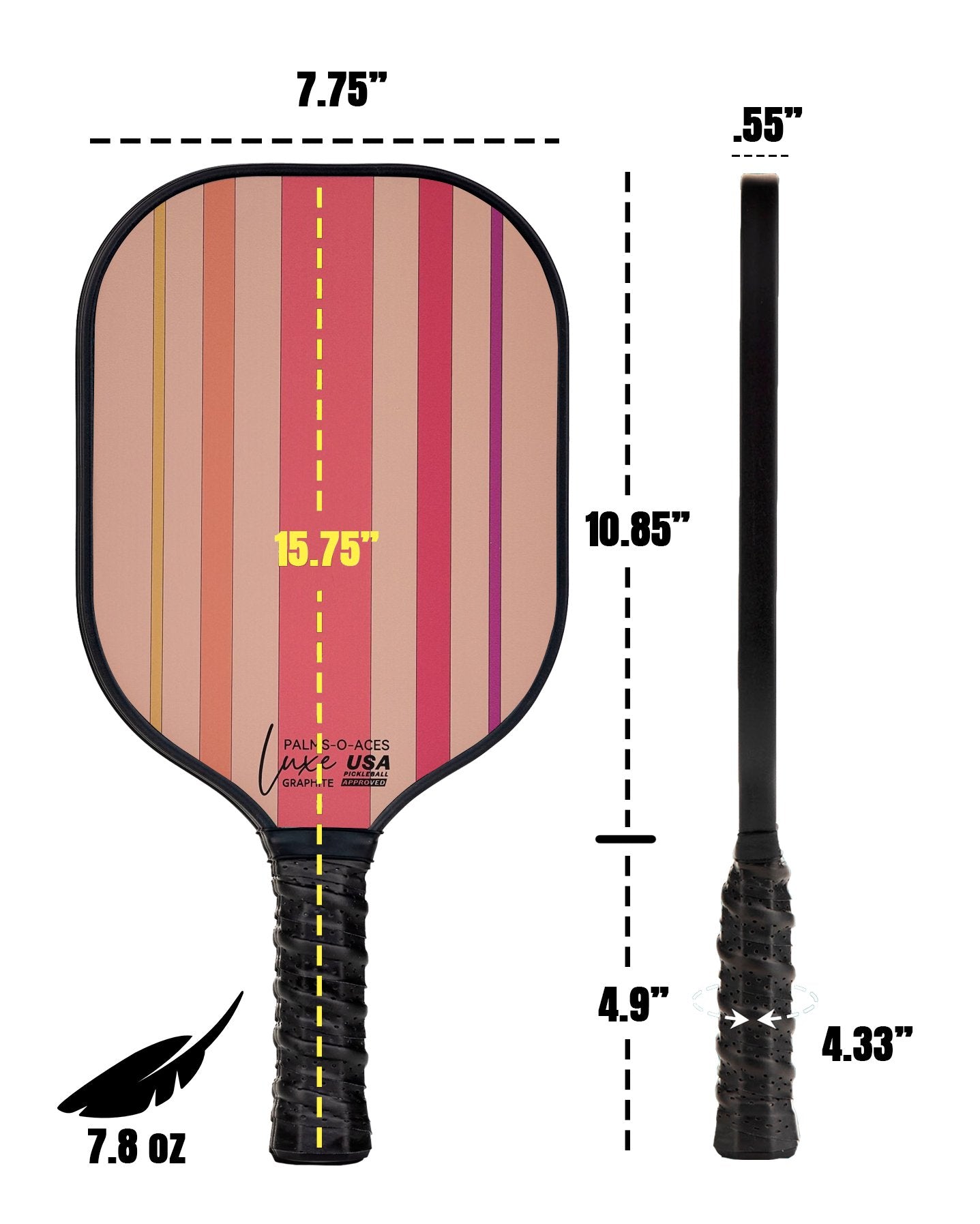 Pink Stripes USAPA Approved Graphite Pickleball Paddle with Cover - Palms - O - Aces